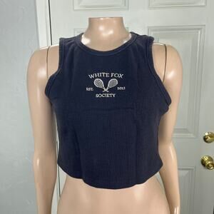 White Fox Society Womens Shirt Large Crop Top Logo Embroidered Thermal Waffle H8